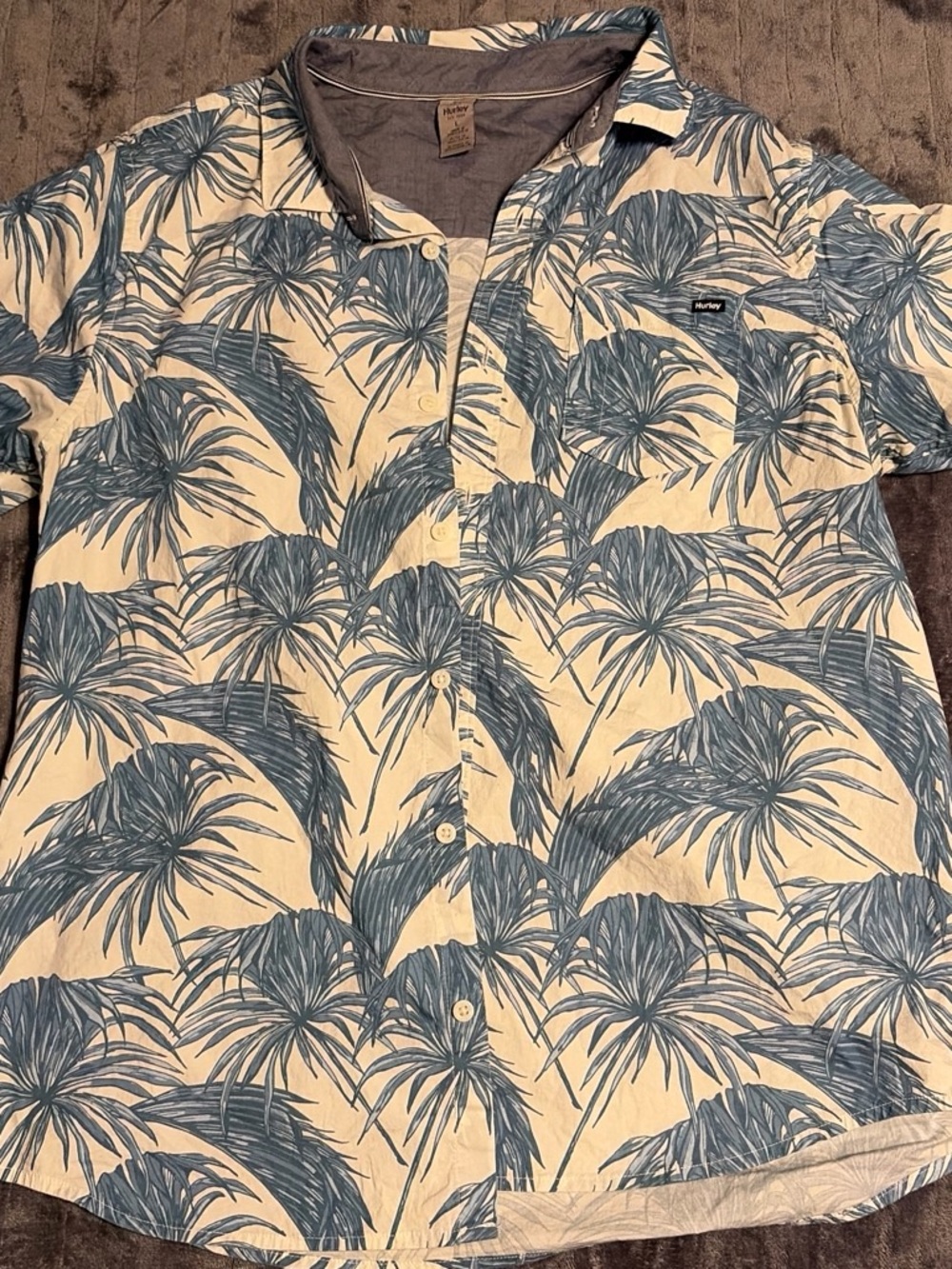 Hurley Cream and Blue Palm-Print Short Sleeve Button-Down Shirt